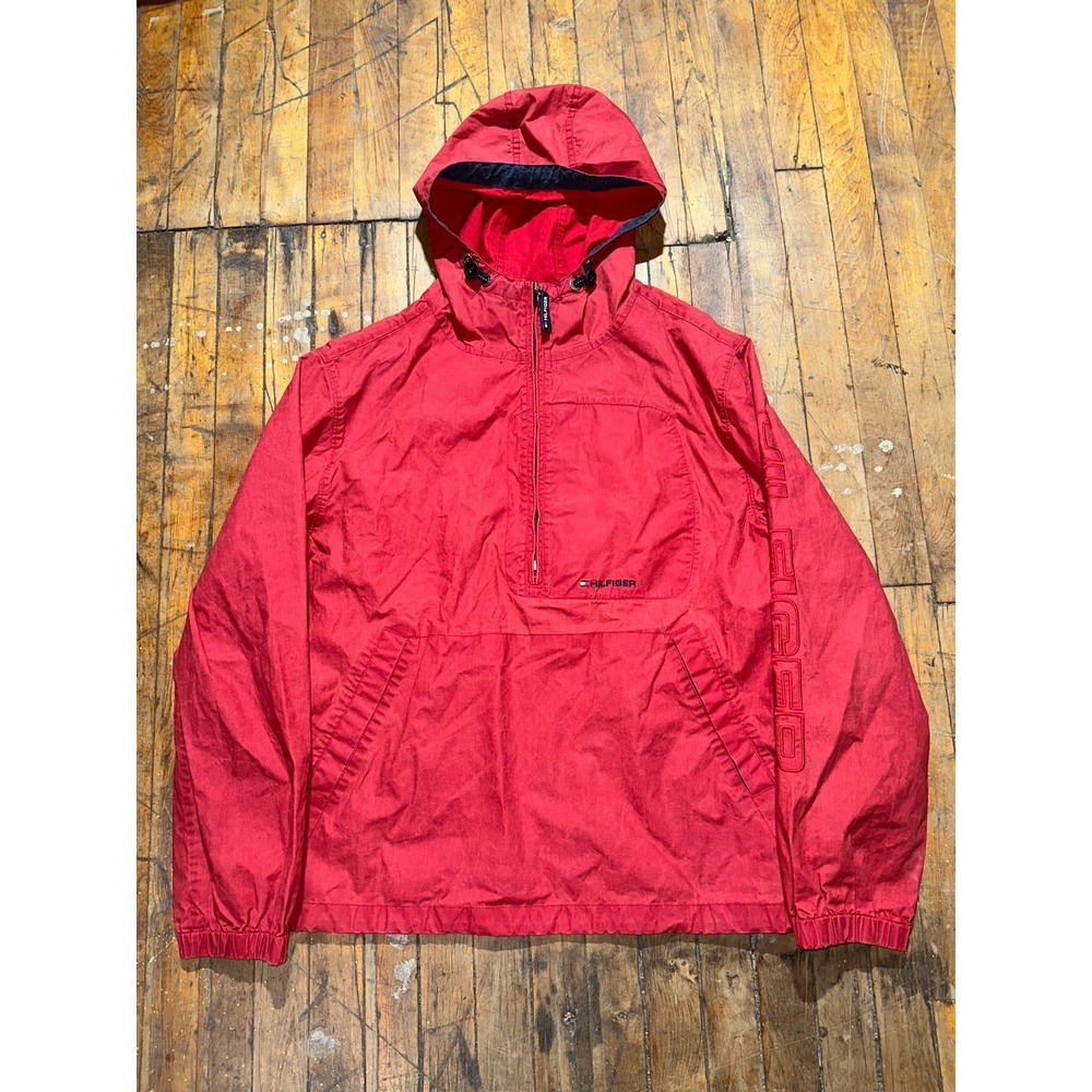 Tommy Hilfiger Windbreaker Jacket Mens Large Red Long Sleeve Hooded Quarter‎ Zip